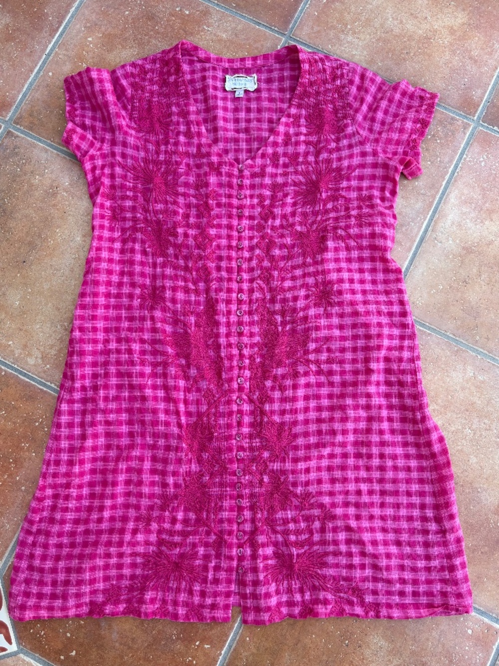 Pretty Johnny Was Pink Plaid Embroidered Cotton Dress Size S